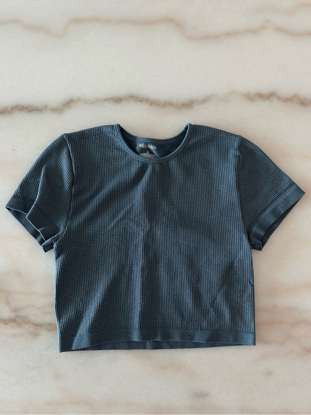 Wild Fable Black Metallic Ribbed Short Sleeve Crop Top Size XL